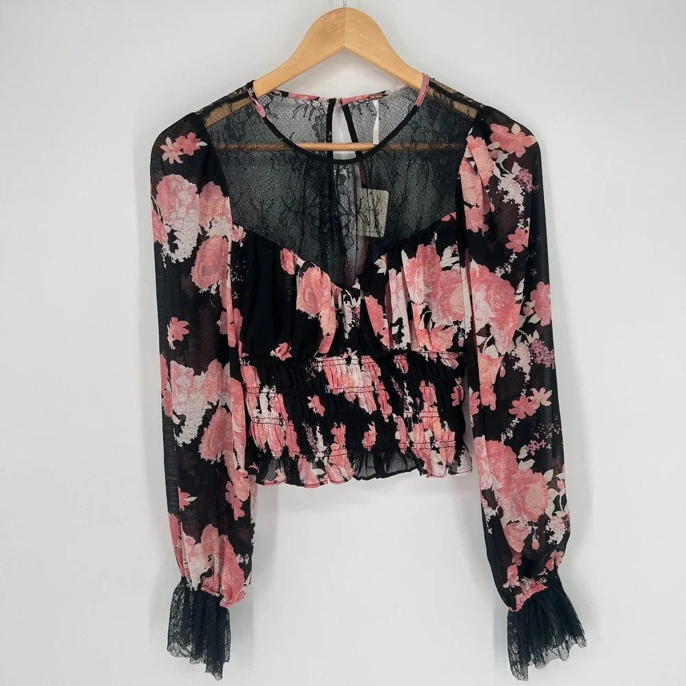 Free People Boho Peplum Babydoll Top XS Softgrunge Romantic Lace Sheer Ruffle
